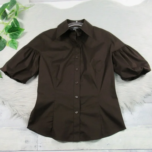 PER SE Brown Puff Sleeve Button Front Shirt Office Blouse Top Women's Size 4 - Picture 4 of 10
